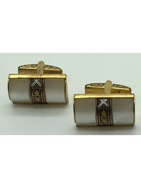 Damascene Cufflinks Gold Tone Mother Of Pearl  Rectangle Rectangular